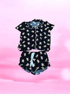Black Gingerbread Print Short Pajama Set - Women Size Large EUC